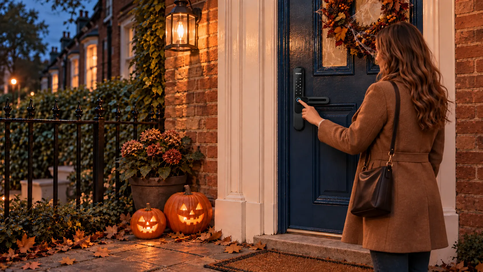 A woman opens her navy front door with a fingertip on a Simpled smart lock, carved pumpkins glowing on the step at dusk