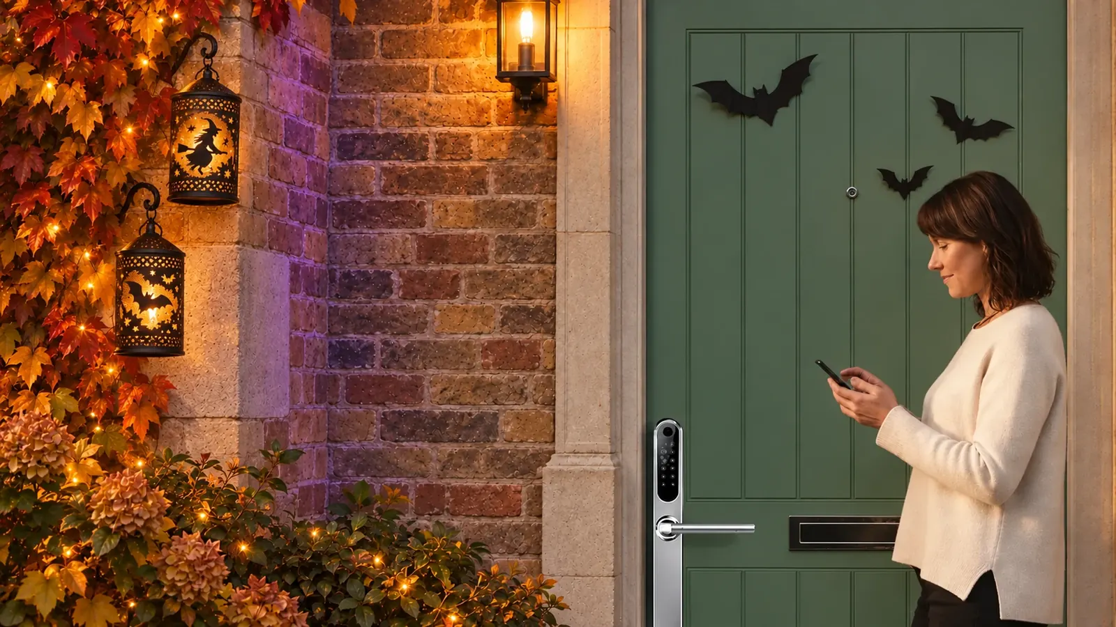 A woman checks her phone beside a green front door with a Simpled smart lock, paper bats on the door and witch lanterns on the wall
