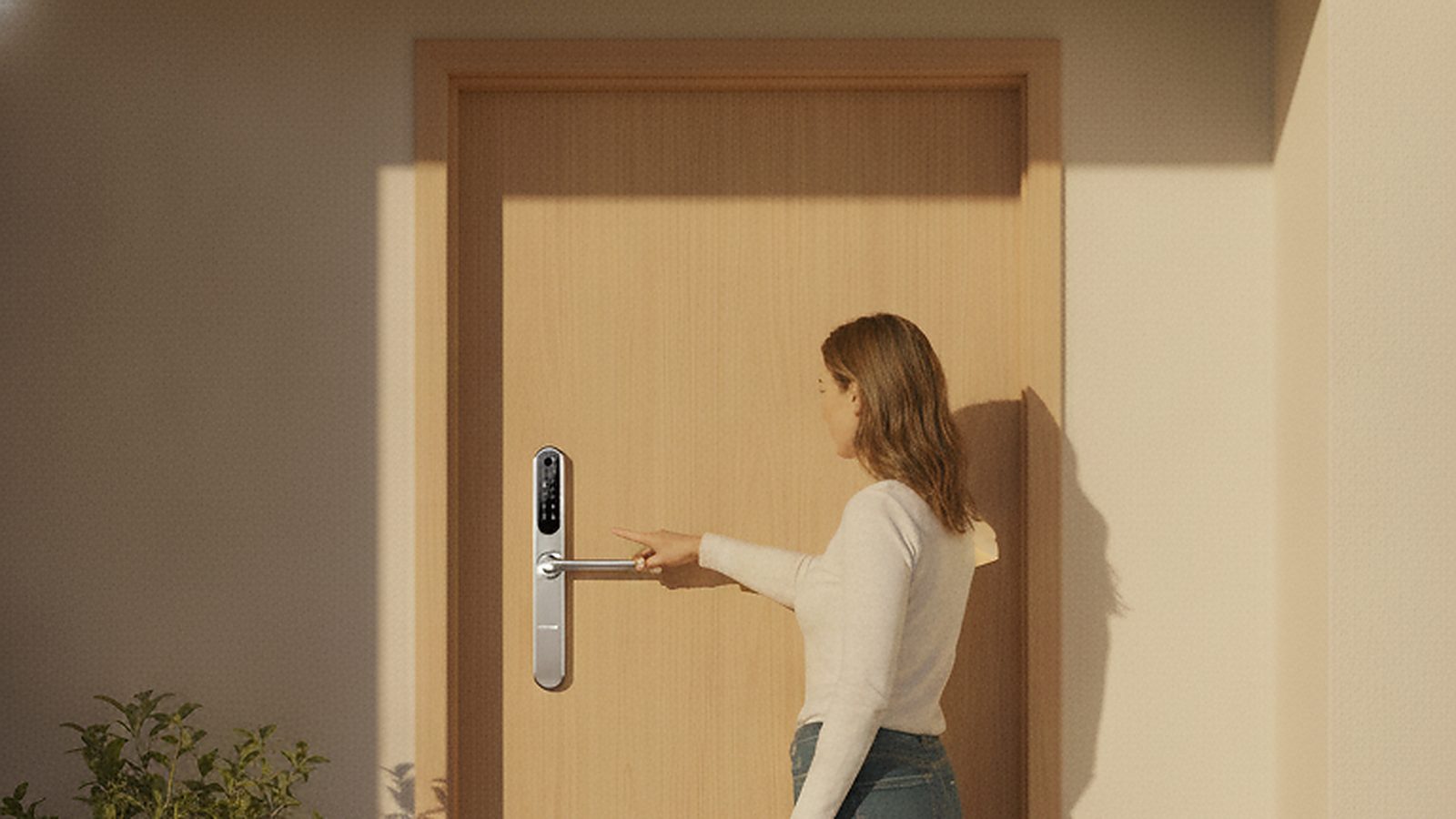 A Simpled smart lock being opened with a fingerprint on a wooden front door